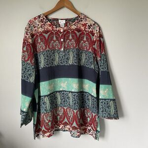 Venezia Woman Boho Button Down Blouse Top Blue Green Red Print Flowy Size 1X